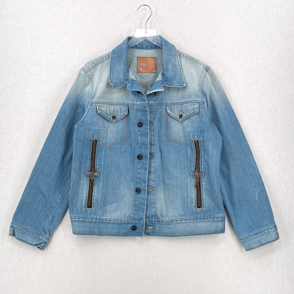 ISKO Denim Jacket Mens Medium Light Blue Wash Distressed Zipper details